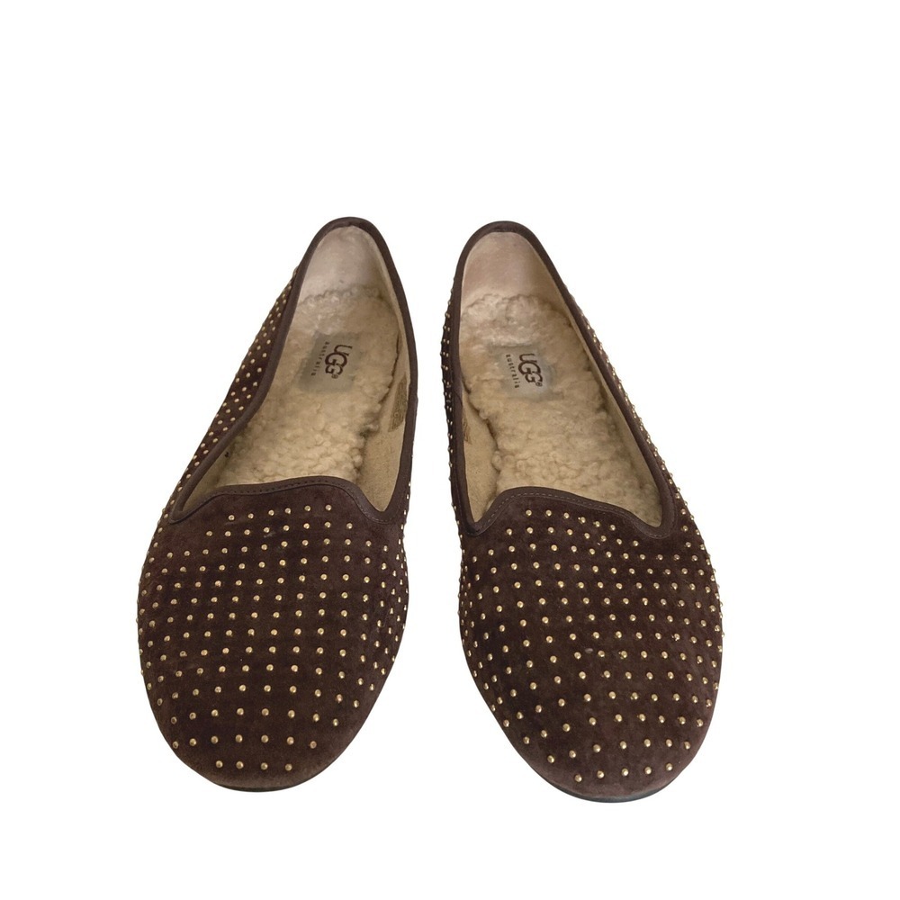 UGG Alloway Studded Brown Suede Loafer Flats Shearling Lined 8 Slip on Comfort